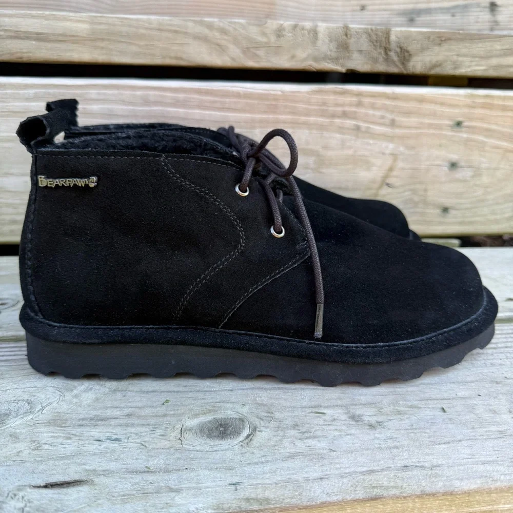 Bearpaw Suede Skye Chukka Boots Black Wool Fur Lined Lace Up Flats